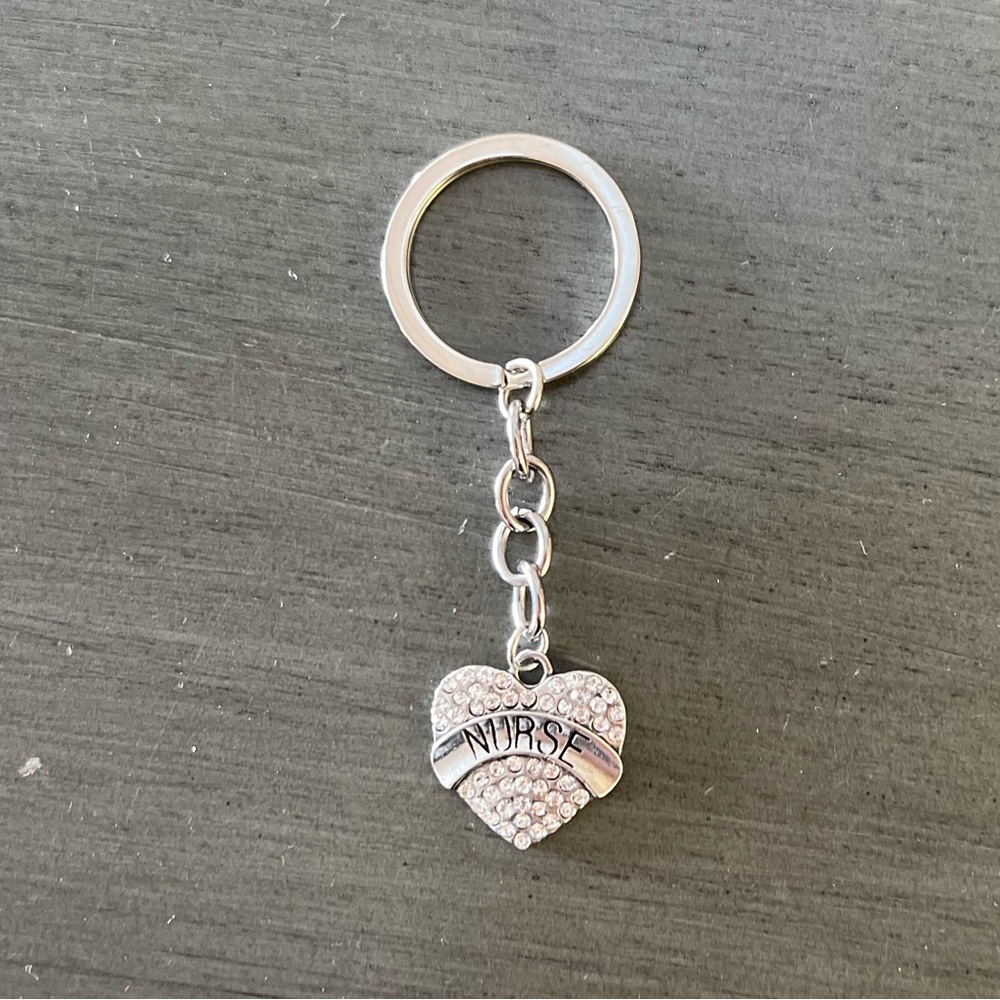 Nurse RN Silver Heart Banner Clear Crystal Rhinestone Medical 3" Keychain Gift